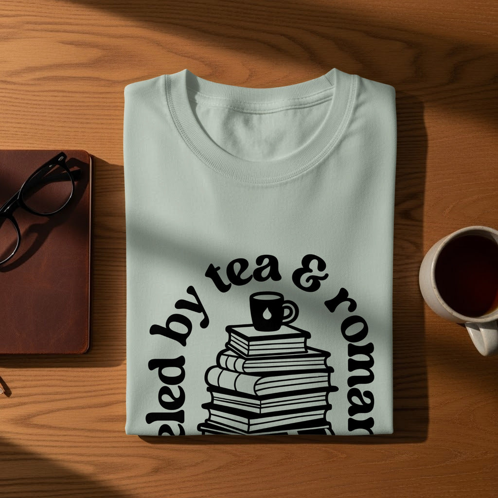 T-shirt with "fueled by tea & romance" text, stack of books, and teacup.