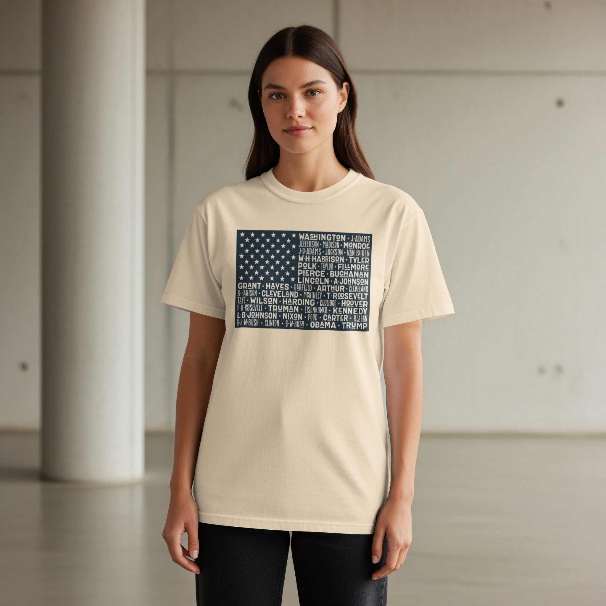 Cream t-shirt with U.S. presidents' names arranged as a flag.