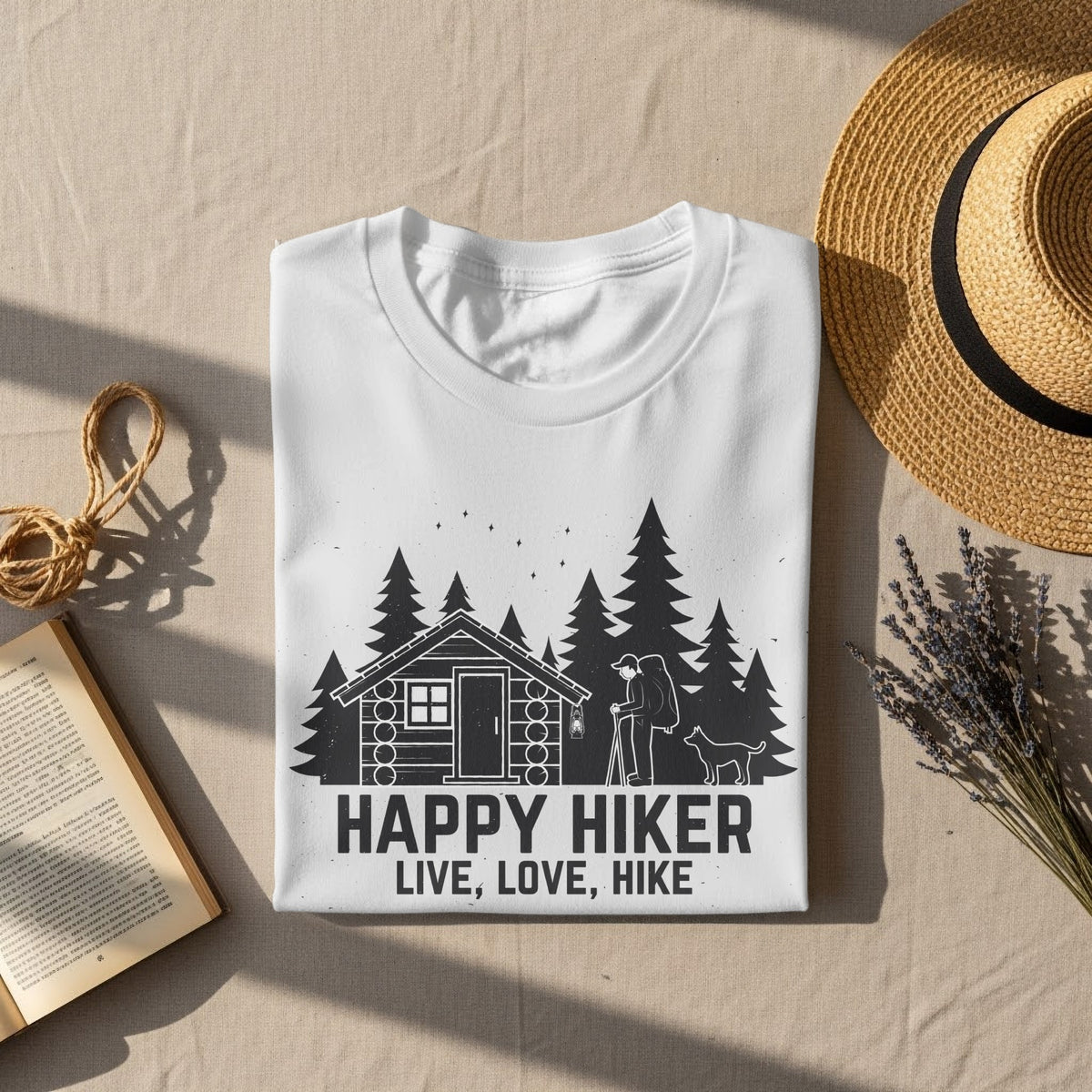 White t-shirt with black graphic of a cabin, hiker, dog, and trees with text "Happy Hiker Live, Love, Hike".