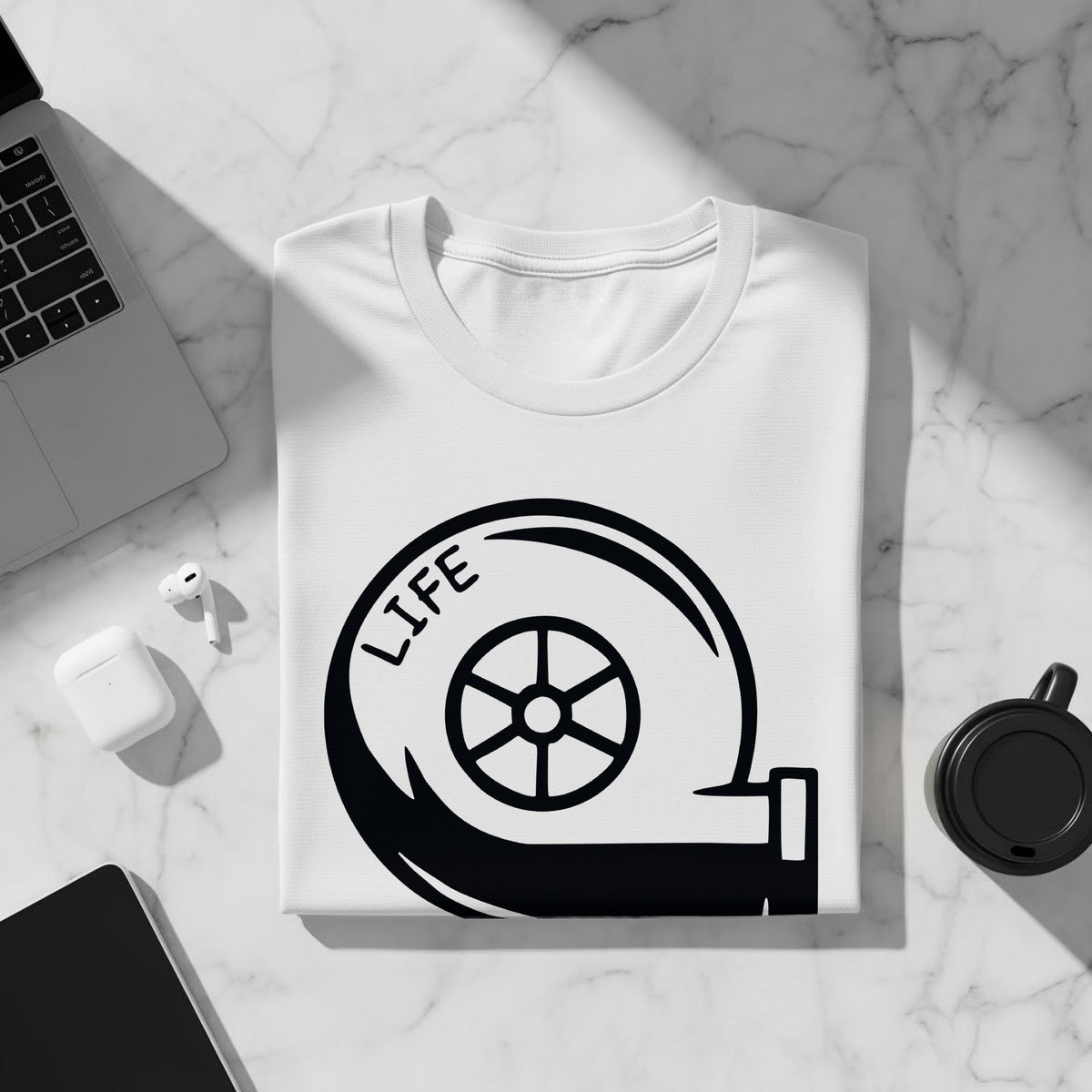 White t-shirt with black graphic of a turbocharger and the word "LIFE".