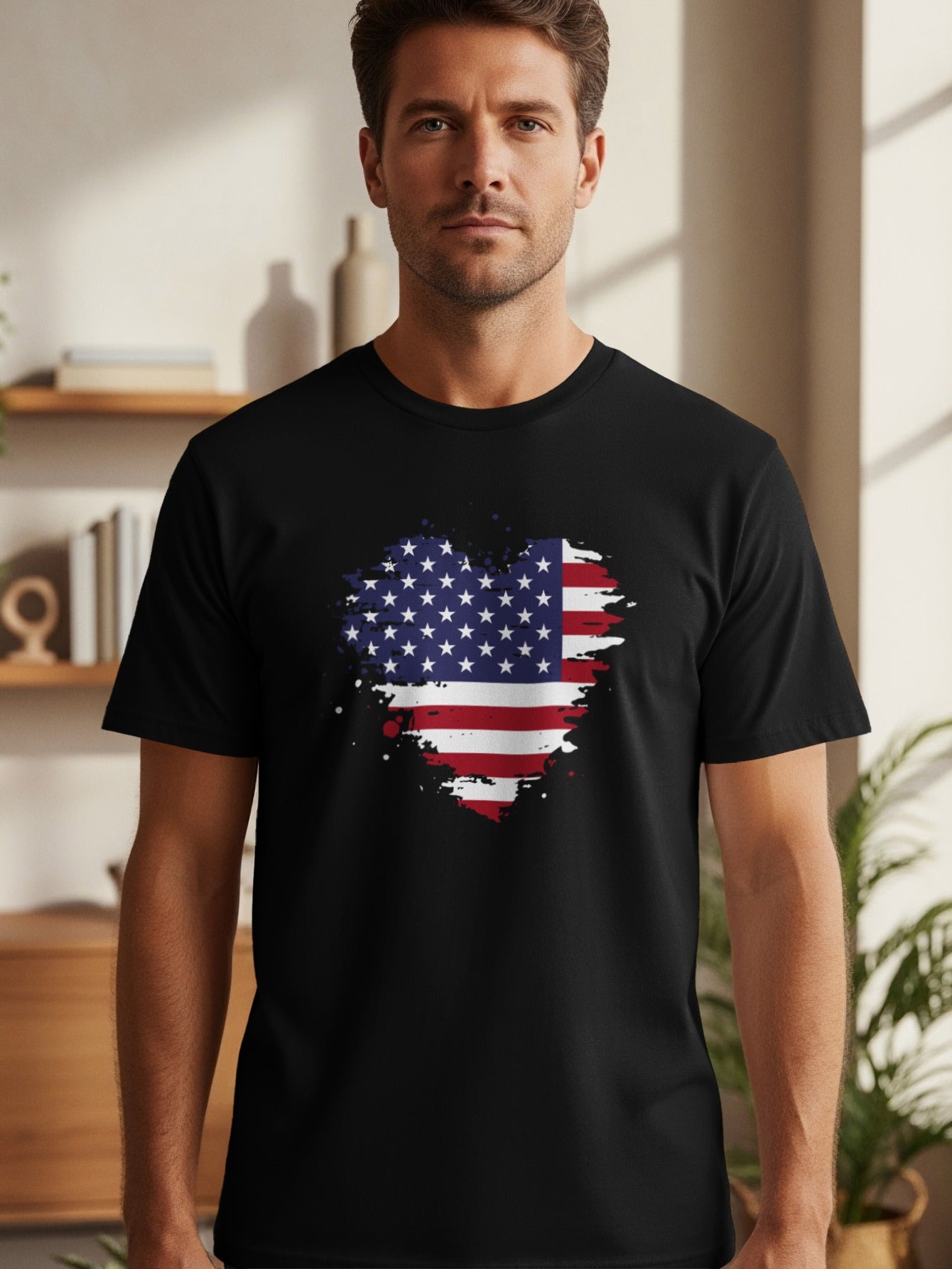 Man wearing black t-shirt with distressed American flag heart graphic.