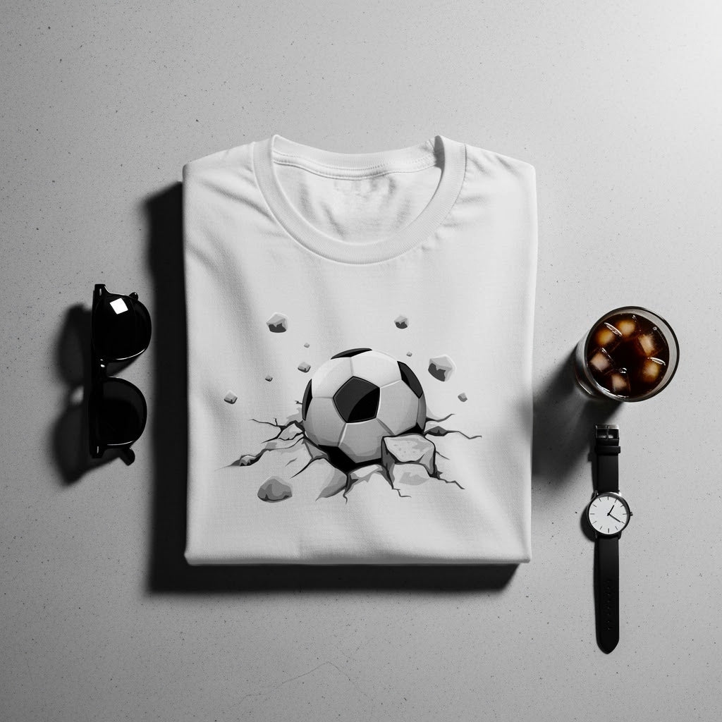 White t-shirt with a black and white soccer ball breaking through cracked ground graphic.