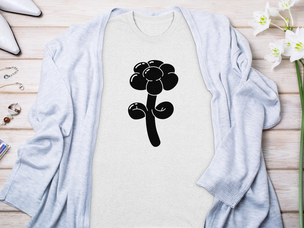 Light gray t-shirt with a black balloon flower graphic in the center.