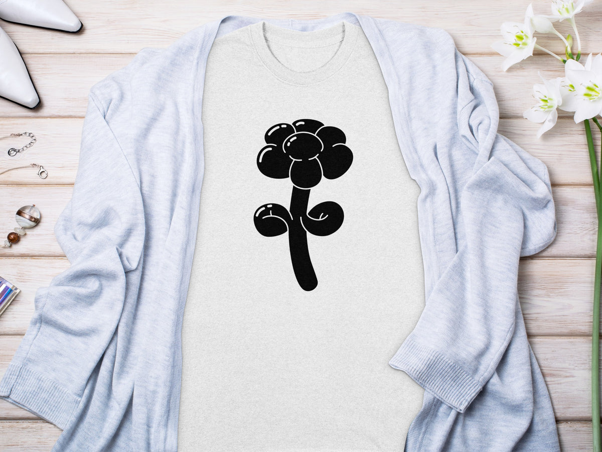Light gray t-shirt with a black balloon flower graphic in the center.