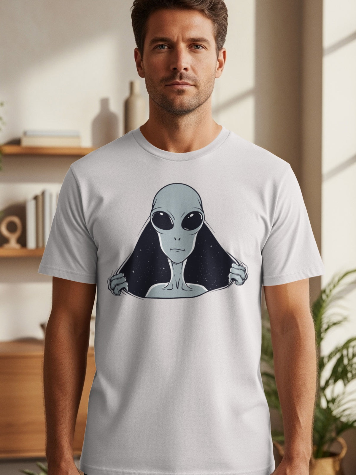 Man wearing a white t-shirt with a grey alien peeking out from a starry space background.
