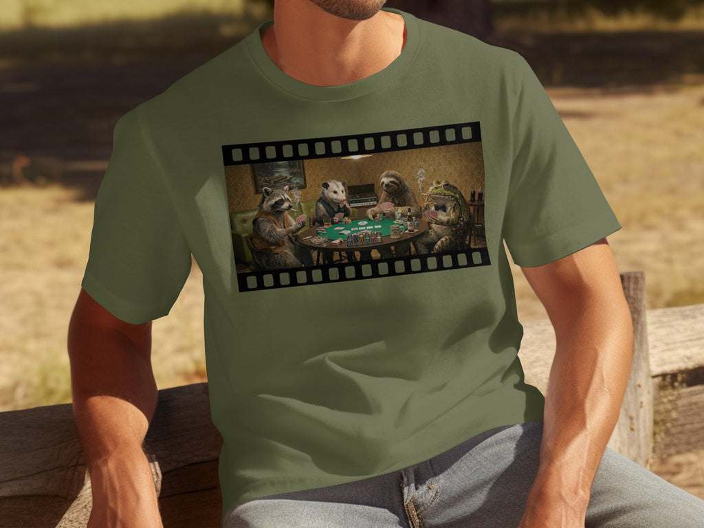 Film strip of animals playing poker in a room, including a raccoon, opossum, sloth, and frog.