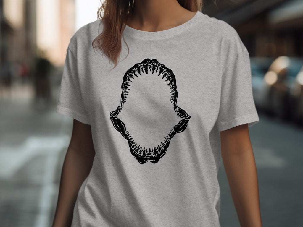 Grey t-shirt with black shark jaw graphic on the front.