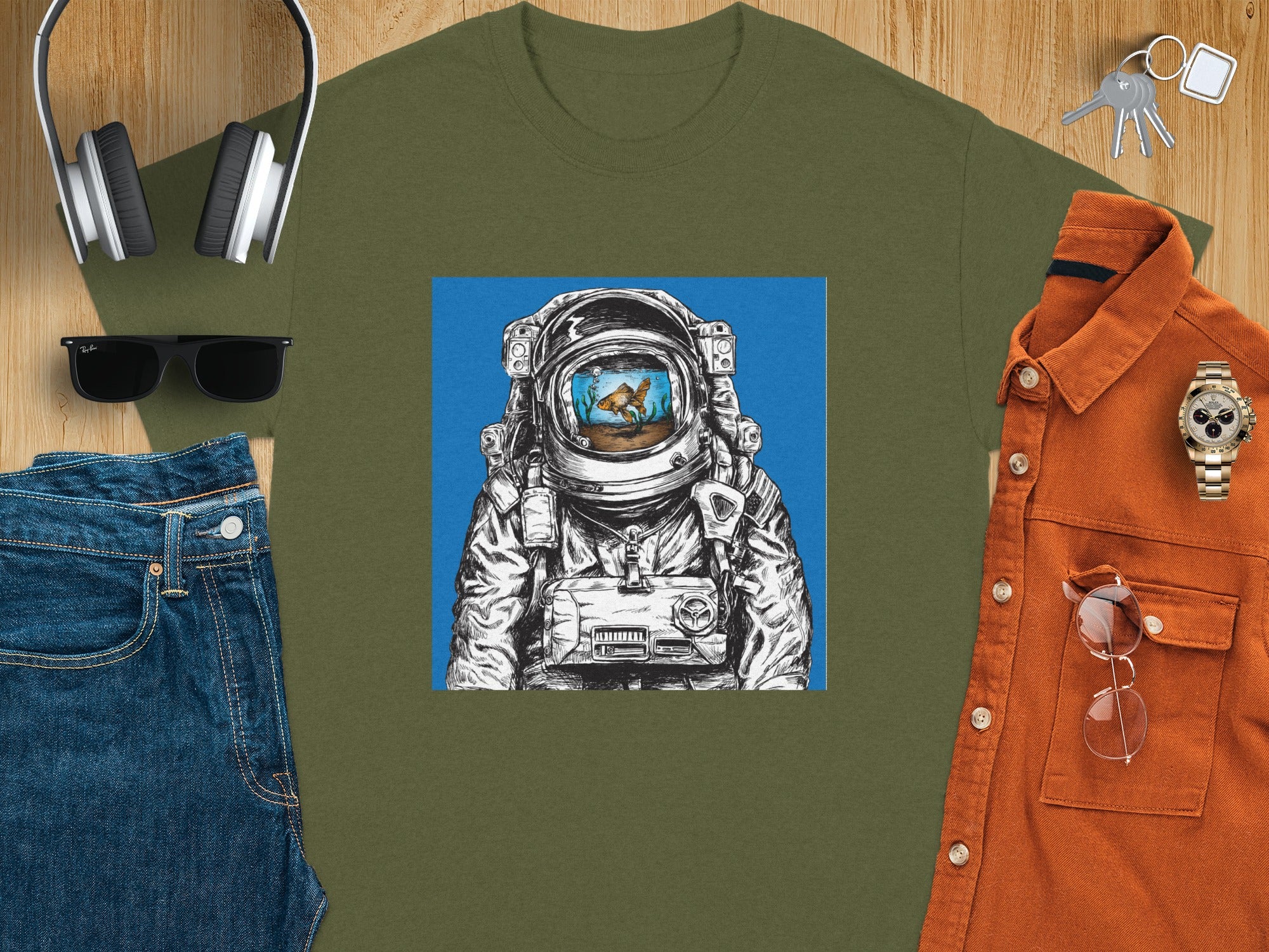 Green t-shirt featuring an astronaut helmet with a goldfish inside.