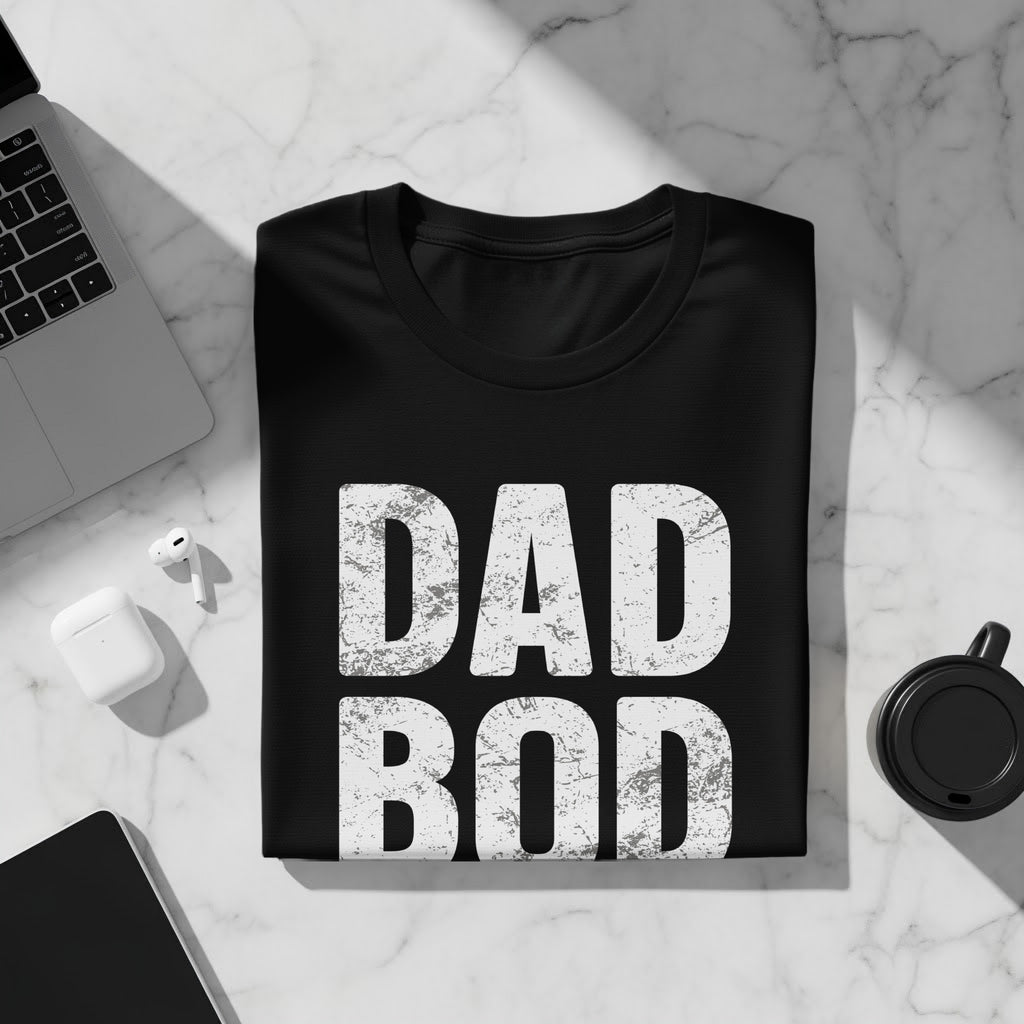 Black t-shirt with distressed white text that reads "DAD BOD".