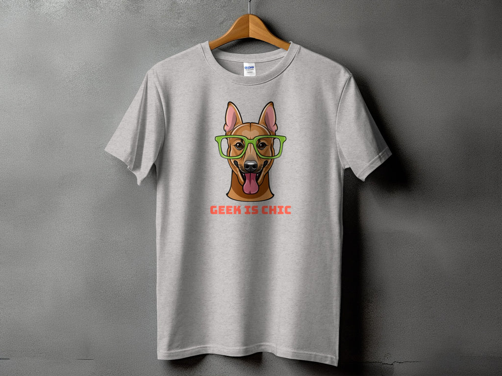 Light gray t-shirt with a cartoon dog wearing glasses and text "GEEK IS CHIC".
