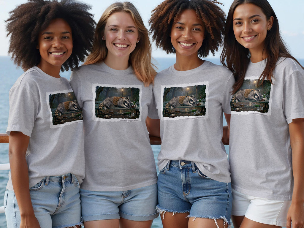 Four women stand with a graphic on their grey t-shirts of a raccoon sleeping on a bench.