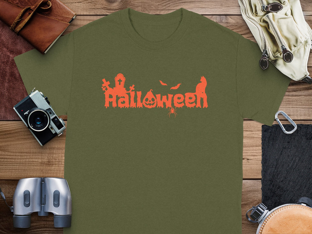Green t-shirt with orange "Halloween" text, ghost, bats, cat, and spider.