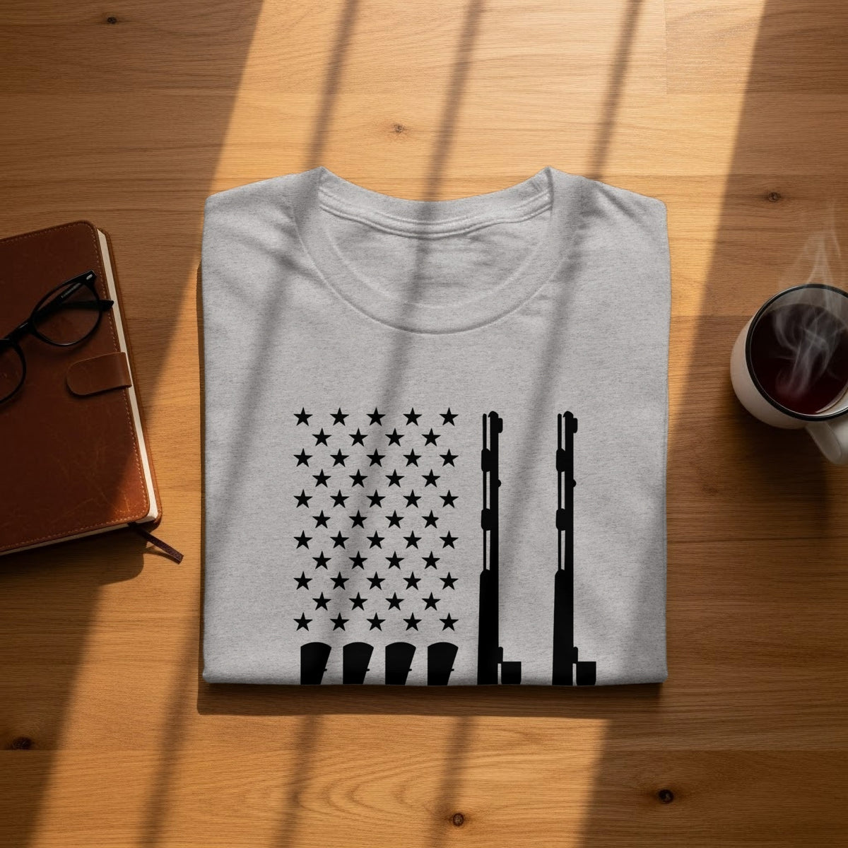 Gray t-shirt with black American flag design featuring two rifles.
