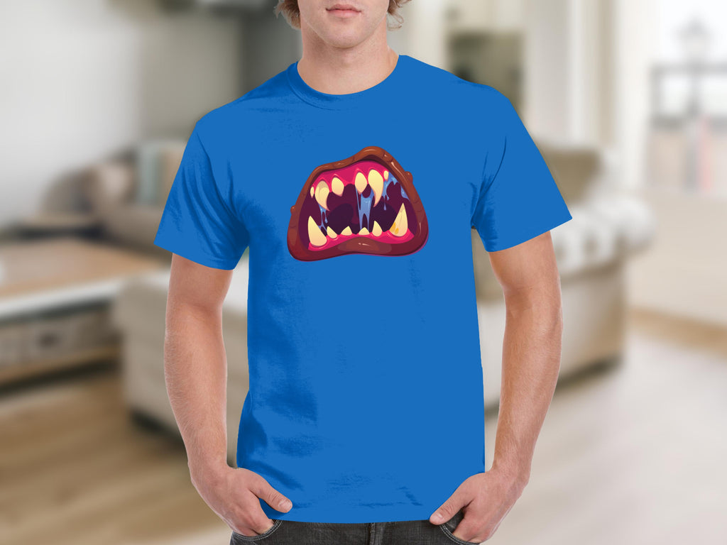 Blue t-shirt with an animated monster mouth and sharp teeth graphic.