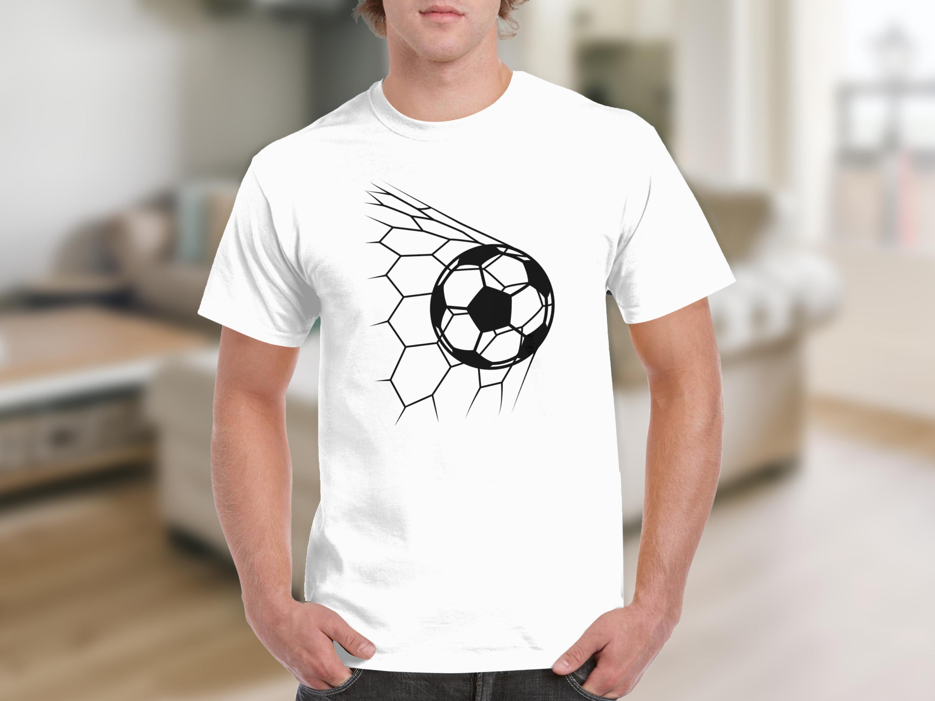 White t-shirt with black soccer ball graphic going into a net.