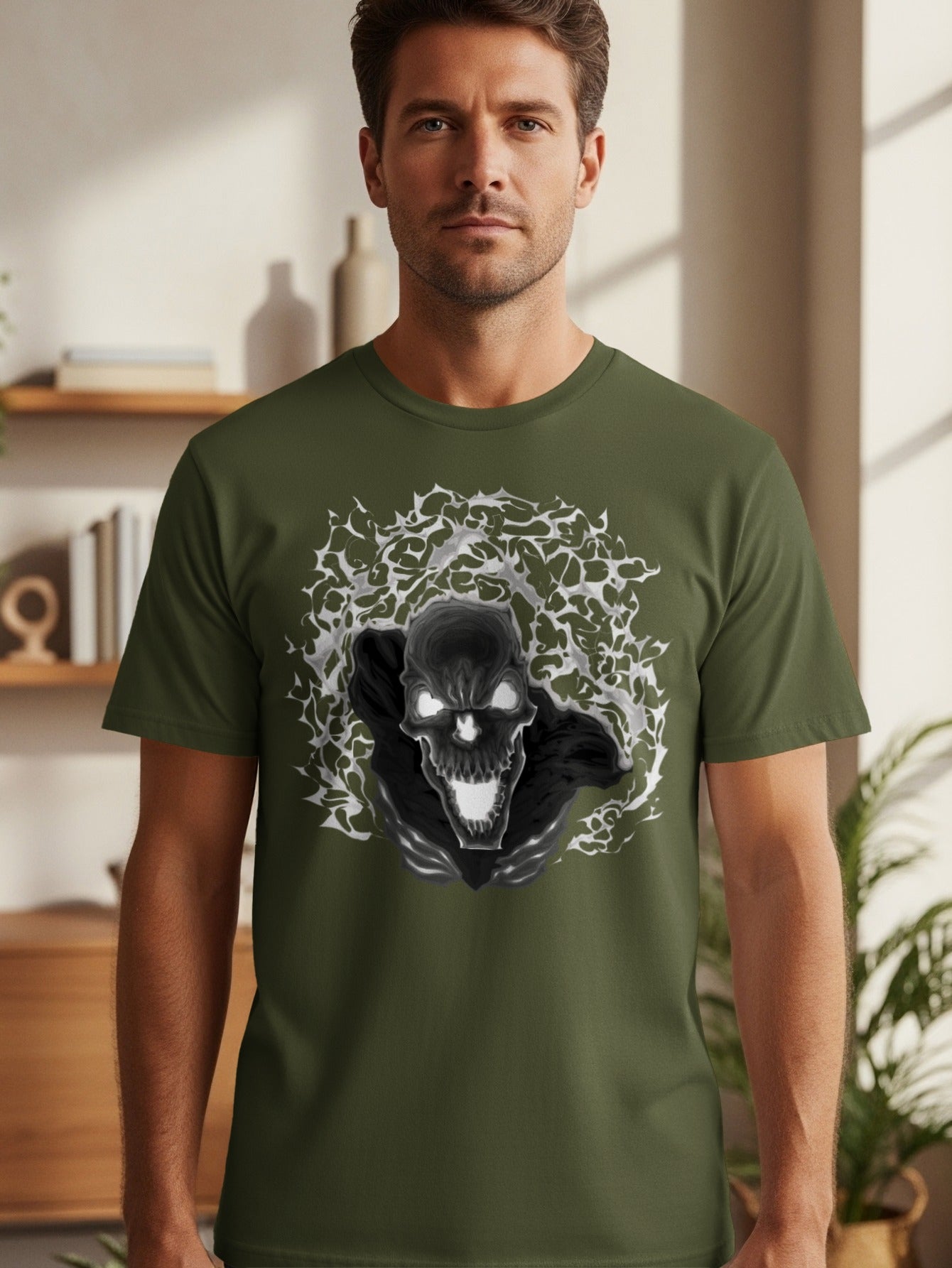 Men's olive green t-shirt with black skull and white wavy design.