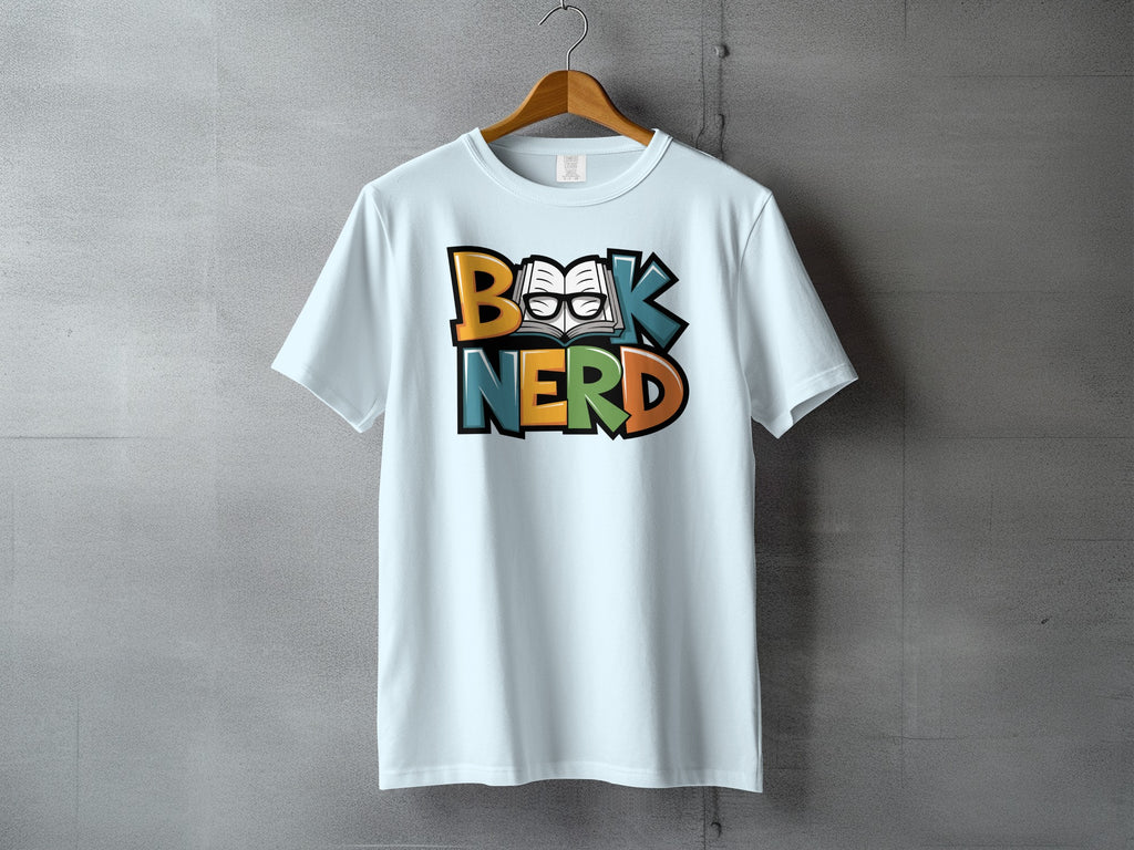 Light blue t-shirt with "Book Nerd" text featuring an open book and glasses.