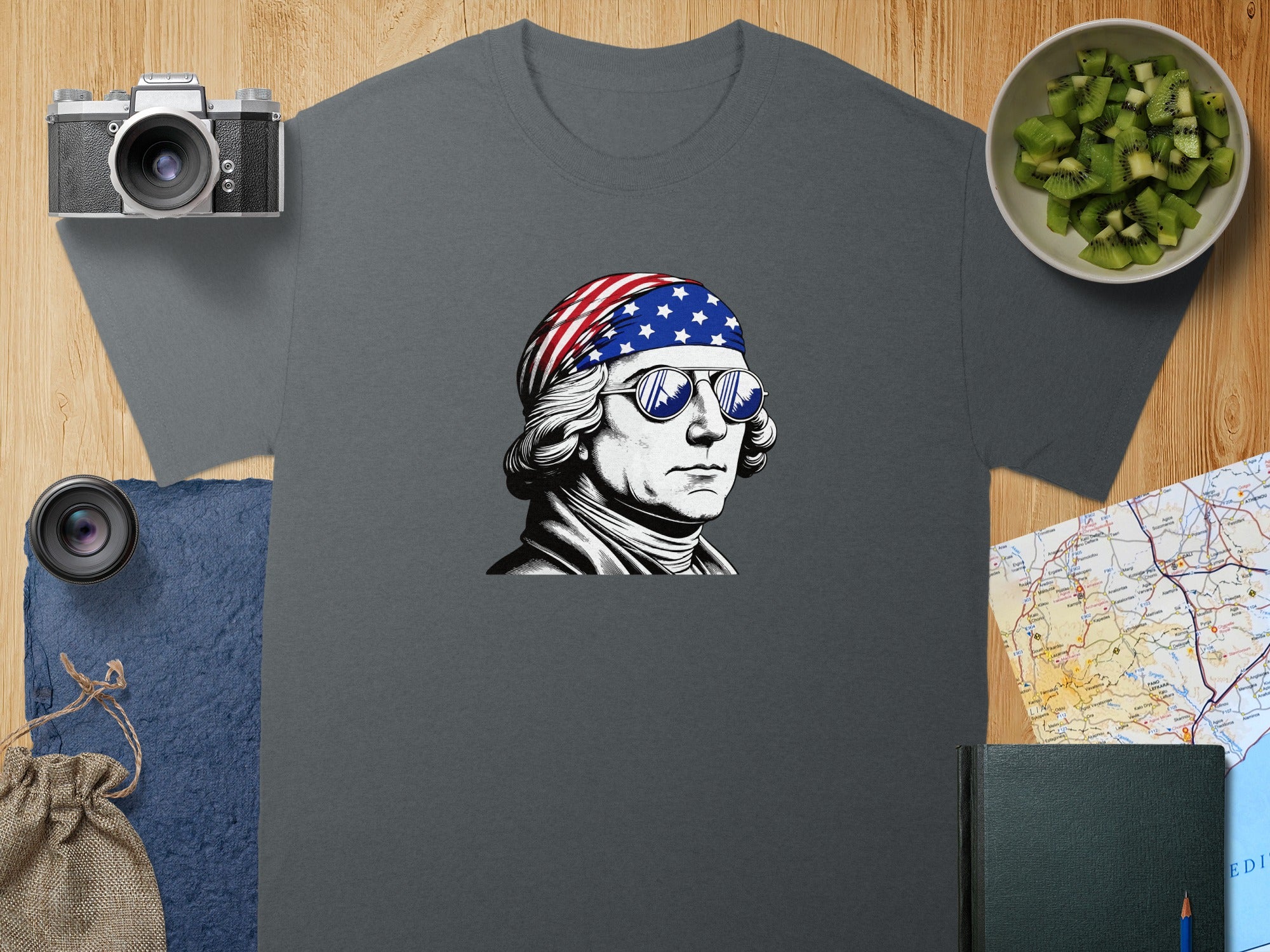T-shirt with George Washington wearing American flag bandana and aviator sunglasses.