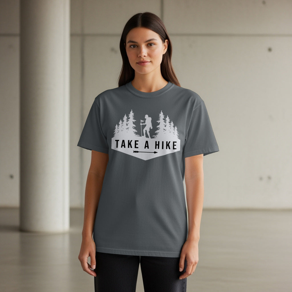 Dark grey t-shirt with a white graphic of trees, a hiker, and text "TAKE A HIKE".