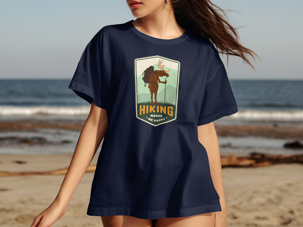 Navy t-shirt with a moose hiking graphic and the text "Hiking Makes Me Happy".