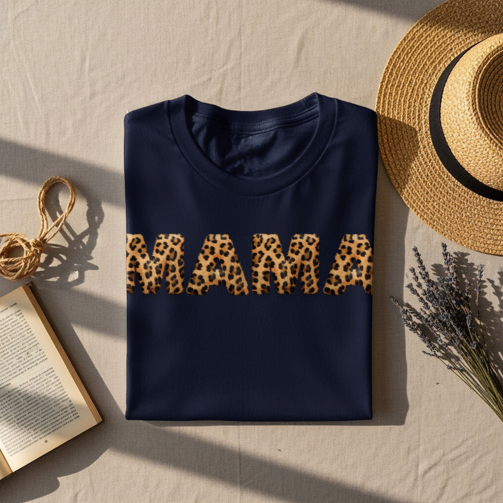 Navy t-shirt with "MAMA" in leopard print.
