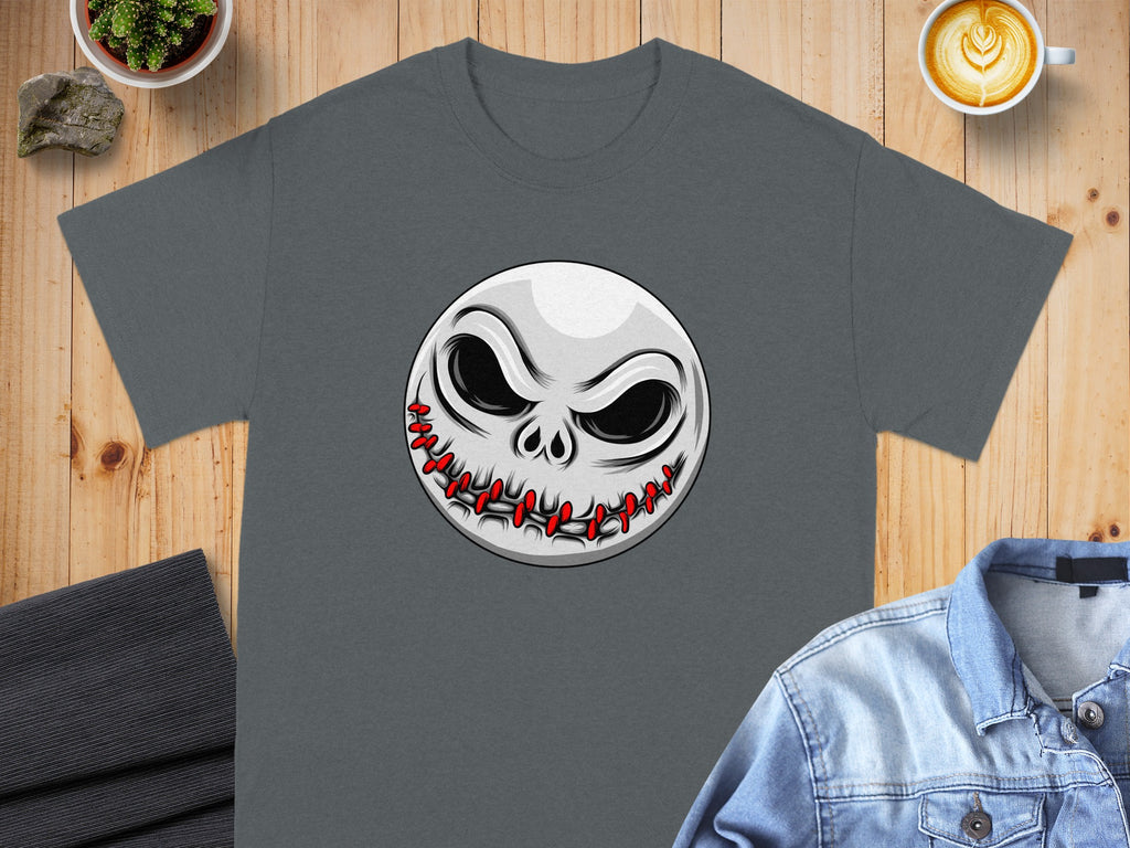 Grey t-shirt with a Jack Skellington graphic print on a wooden background.