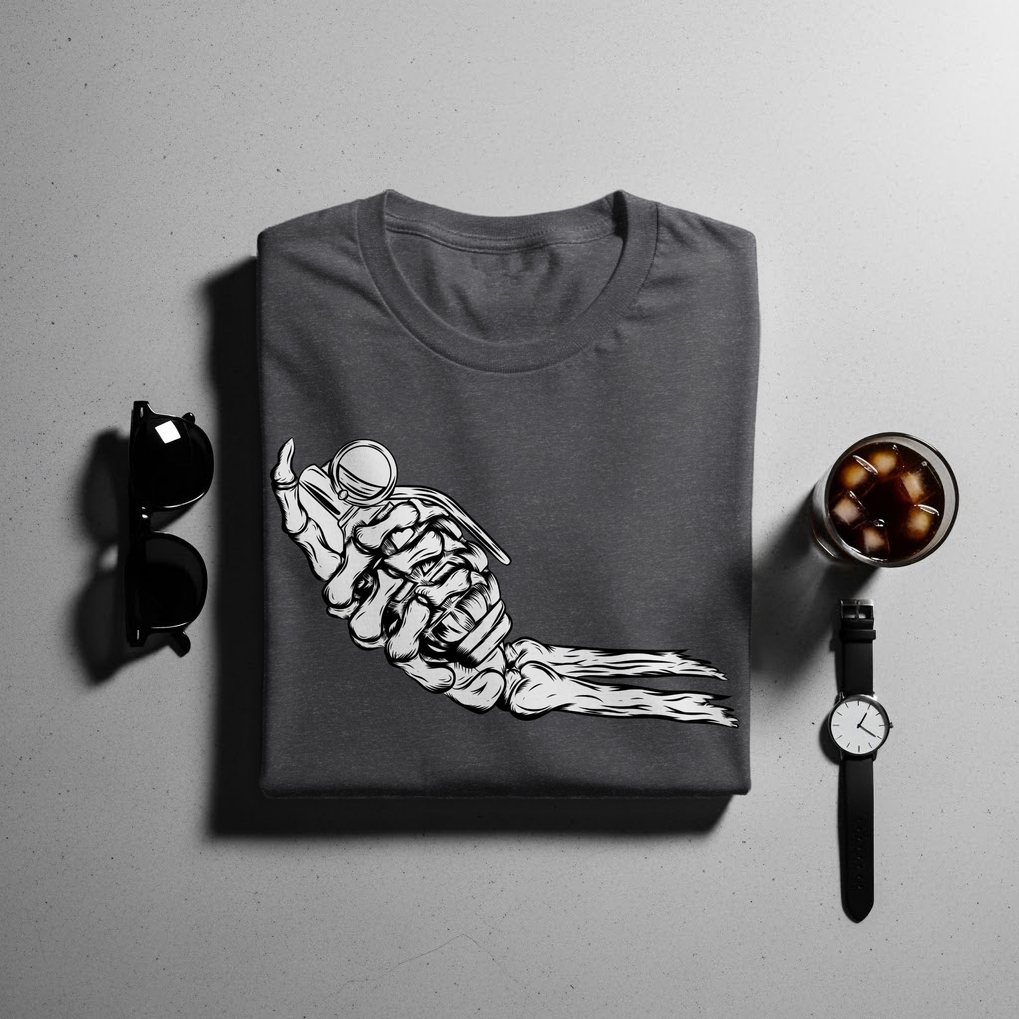 Dark gray t-shirt with a white skeleton hand holding a grenade graphic.