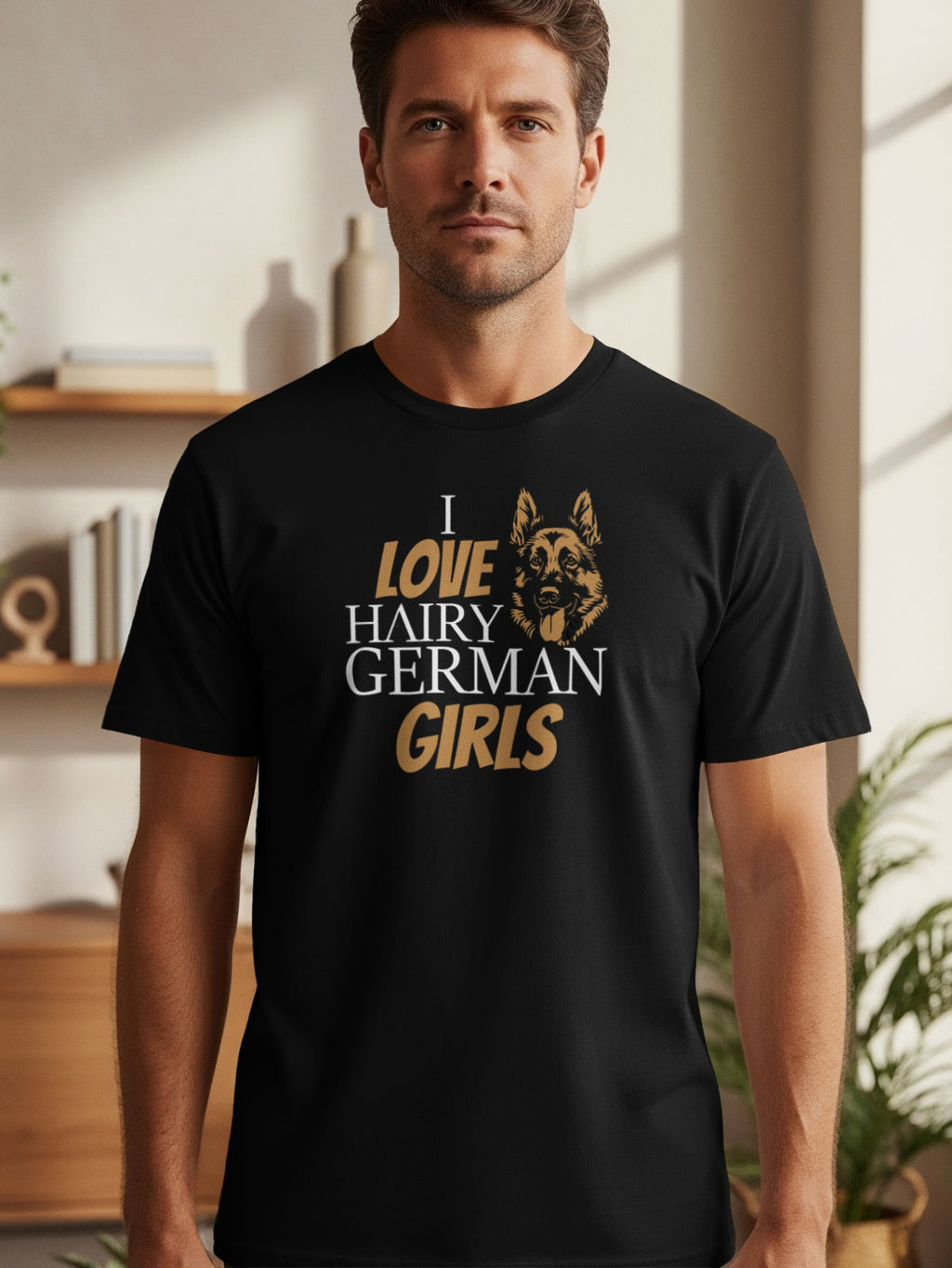 Black t-shirt with "I LOVE HAIRY GERMAN GIRLS" text and German Shepherd graphic.