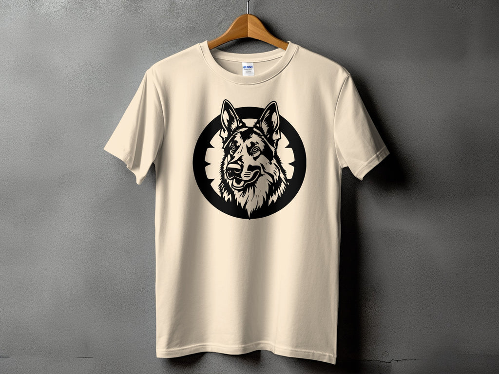 Cream t-shirt with a black German Shepherd head inside a circular emblem.