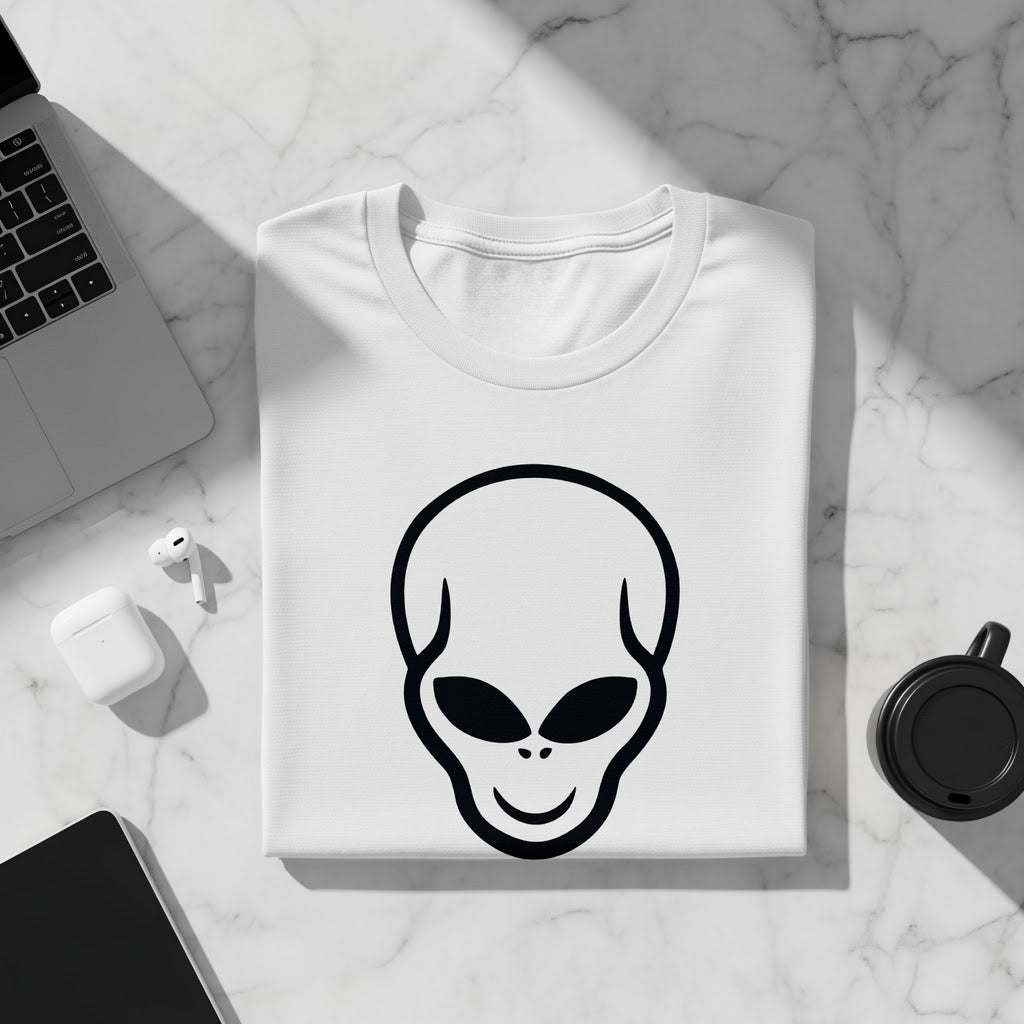 White t-shirt with a black alien head graphic centered on the chest.