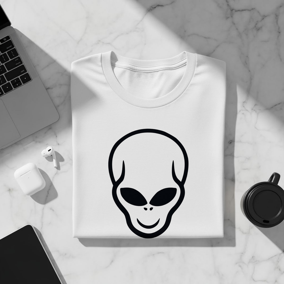 White t-shirt with a black alien head graphic centered on the chest.