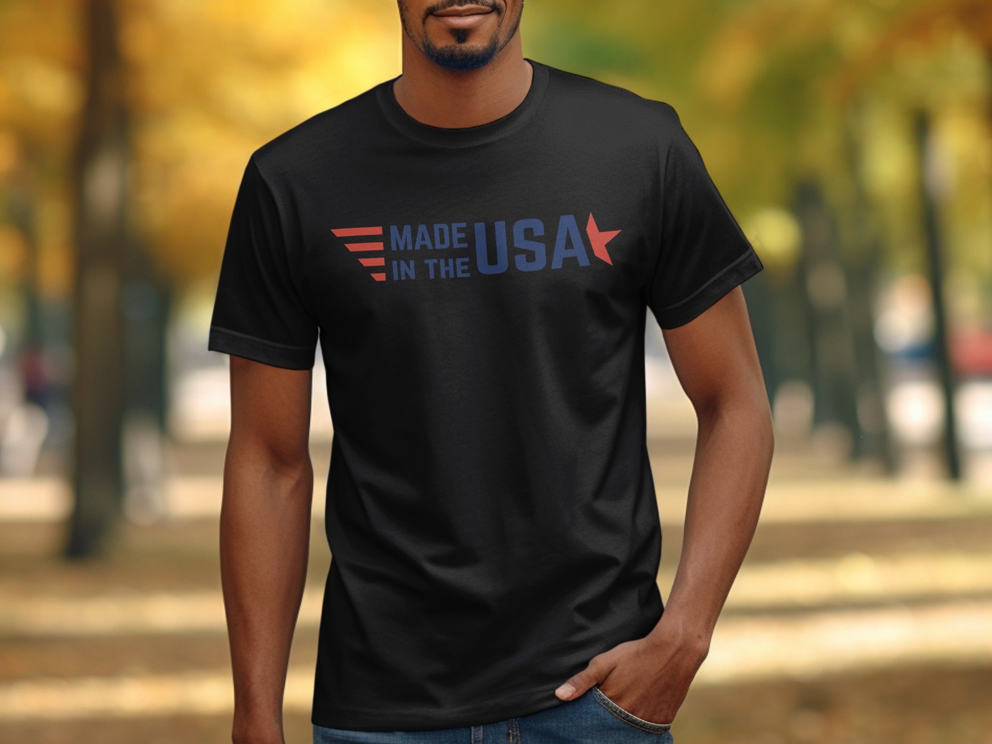 Black t-shirt with "MADE IN THE USA" text and American flag elements.