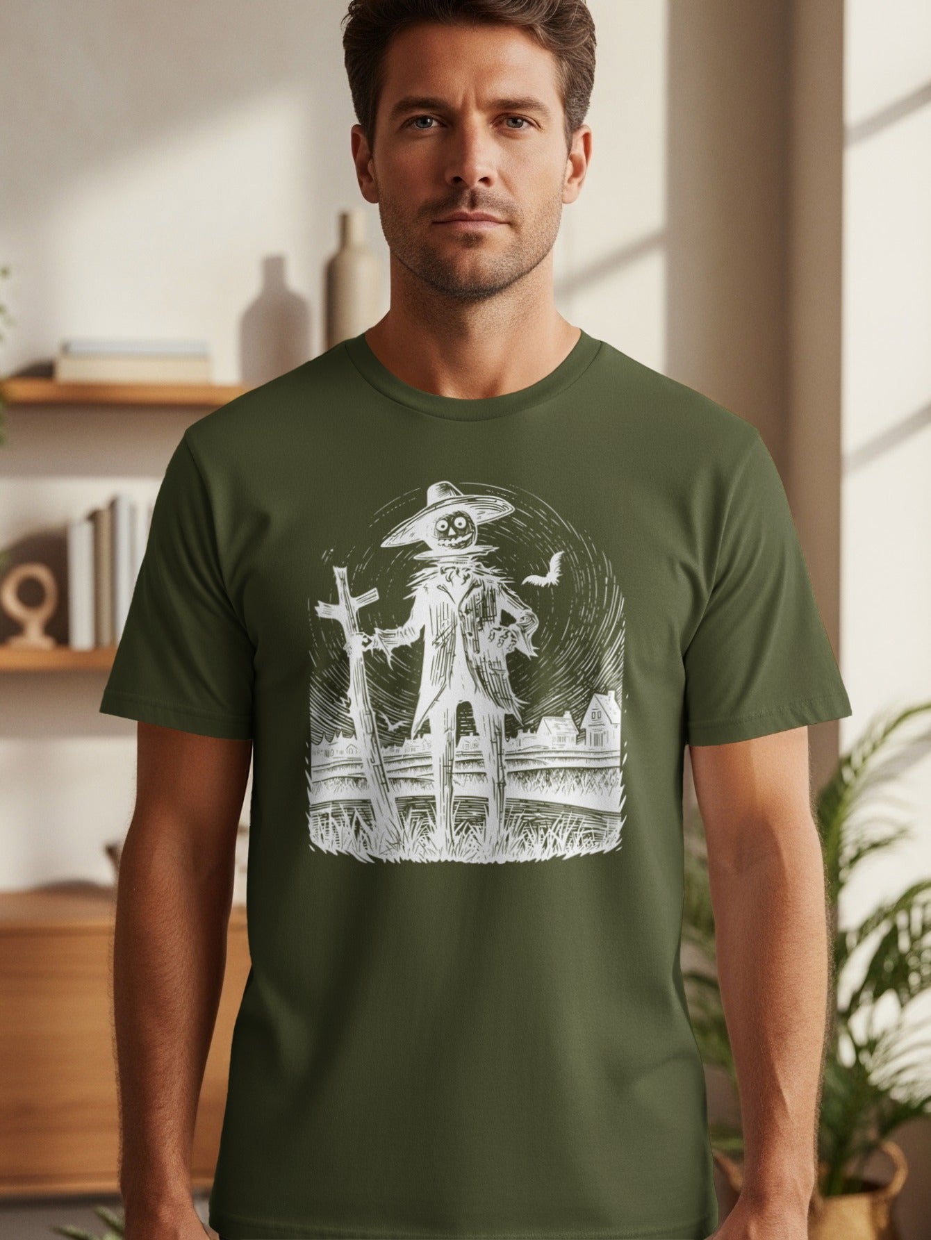 Scarecrow with hat and crow on a dark green t-shirt.