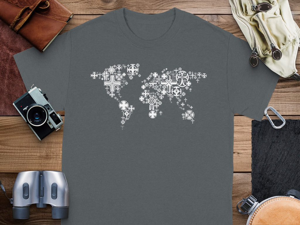 Grey t-shirt with white cross mosaic world map design.