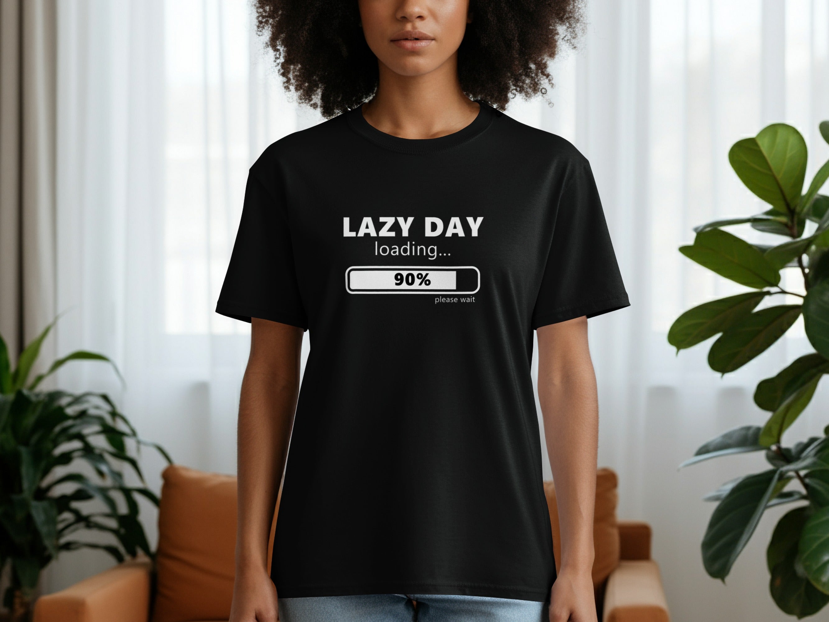 Black t-shirt with white text reading "LAZY DAY loading... 90% please wait".