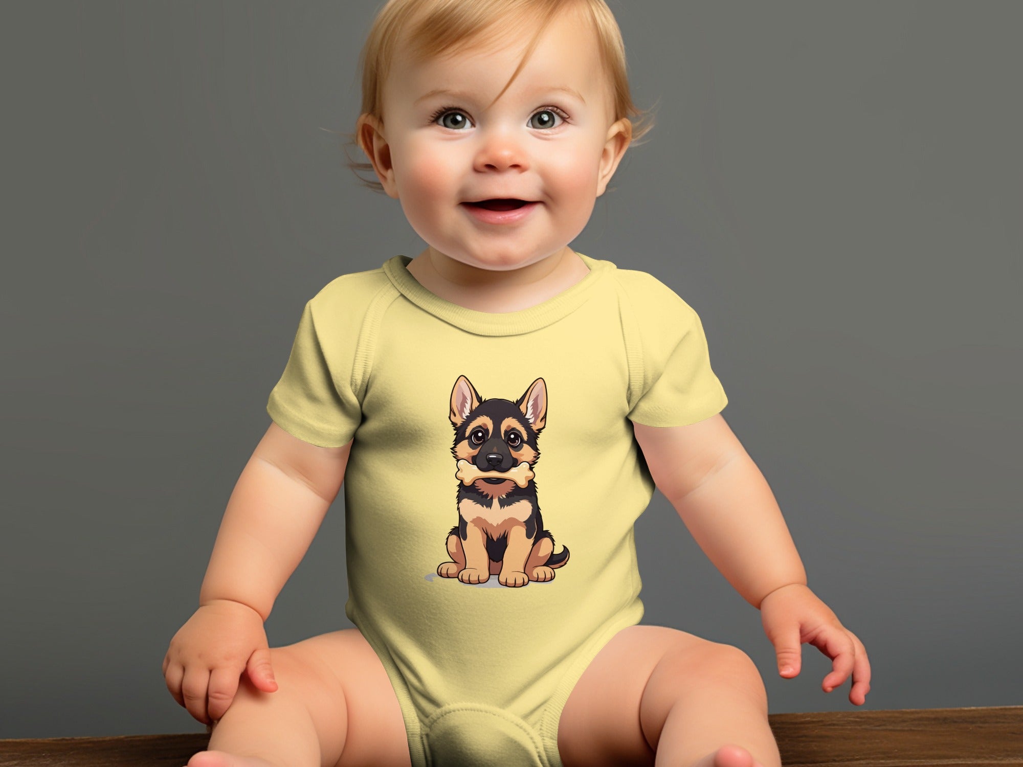 Baby wearing a yellow onesie with a German Shepherd puppy graphic.