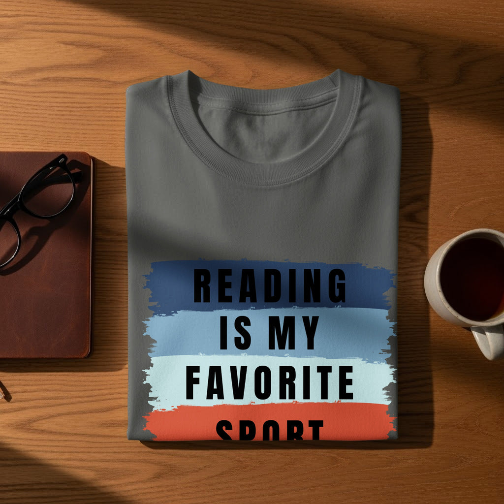 Gray t-shirt with "Reading is my favorite sport" text on brush strokes.