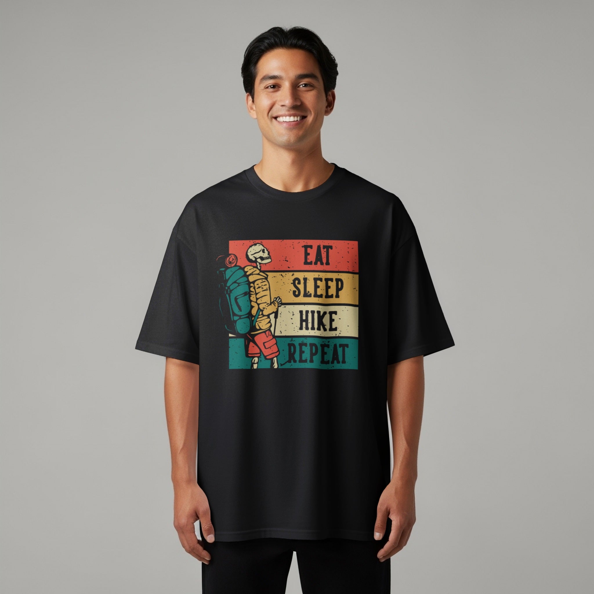 Skeleton hiker with backpack on black t-shirt, text Eat Sleep Hike Repeat.
