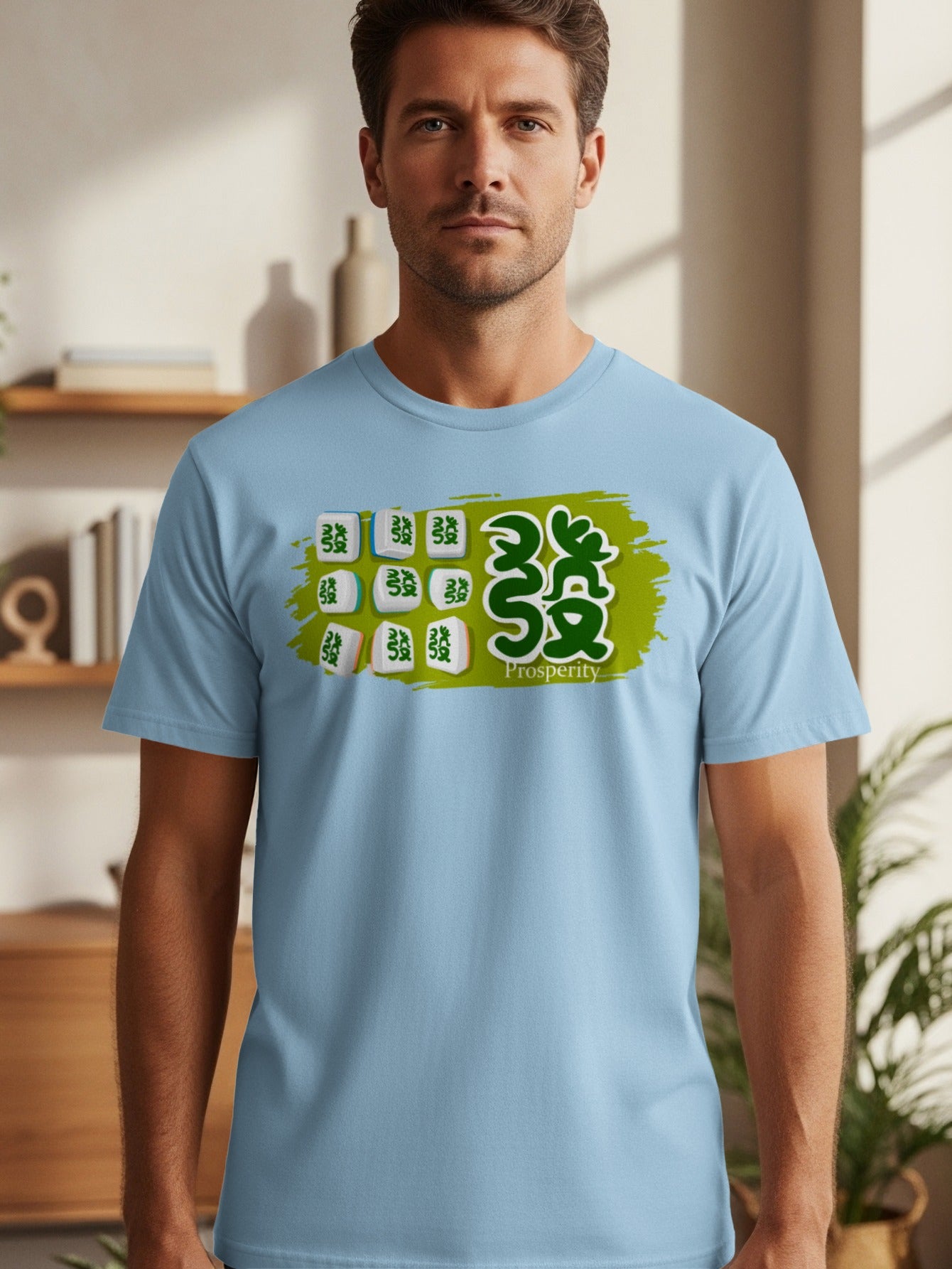 Light blue t-shirt featuring Mahjong tiles and "Prosperity" text in green.