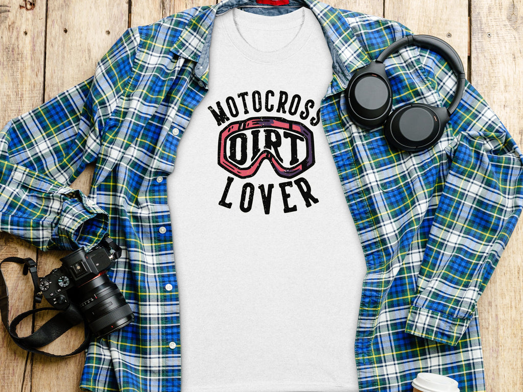 White t-shirt with "Motocross Dirt Lover" text and graphic.