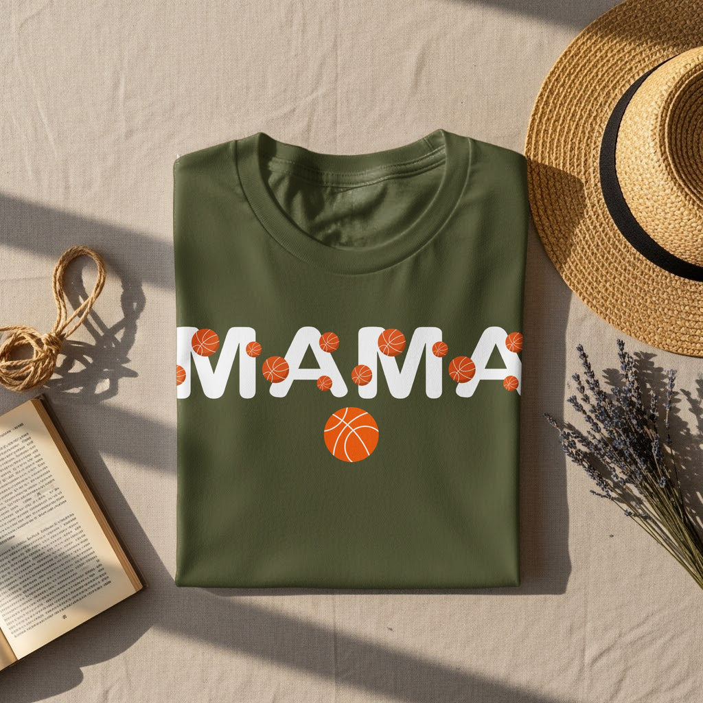 Olive green t-shirt with "MAMA" text and basketball graphics.