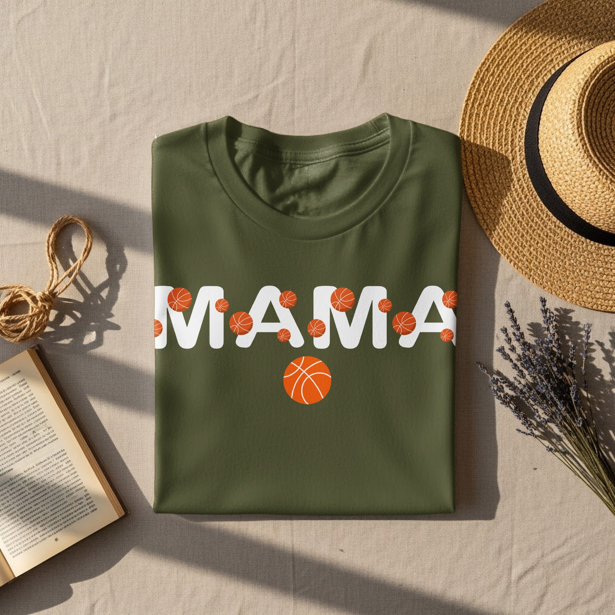 Olive green t-shirt with "MAMA" text and basketball graphics.
