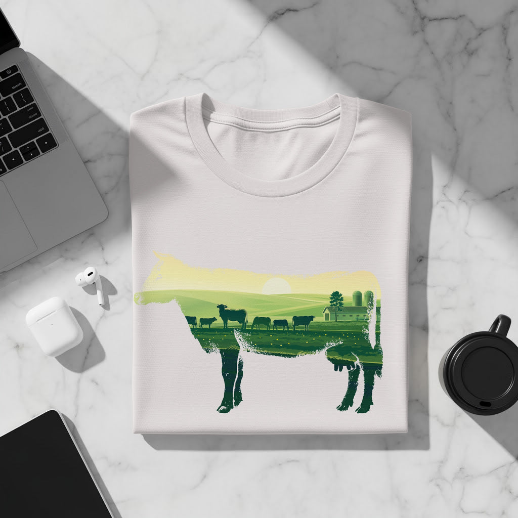 T-shirt with a cow silhouette filled with a pastoral farm landscape scene.
