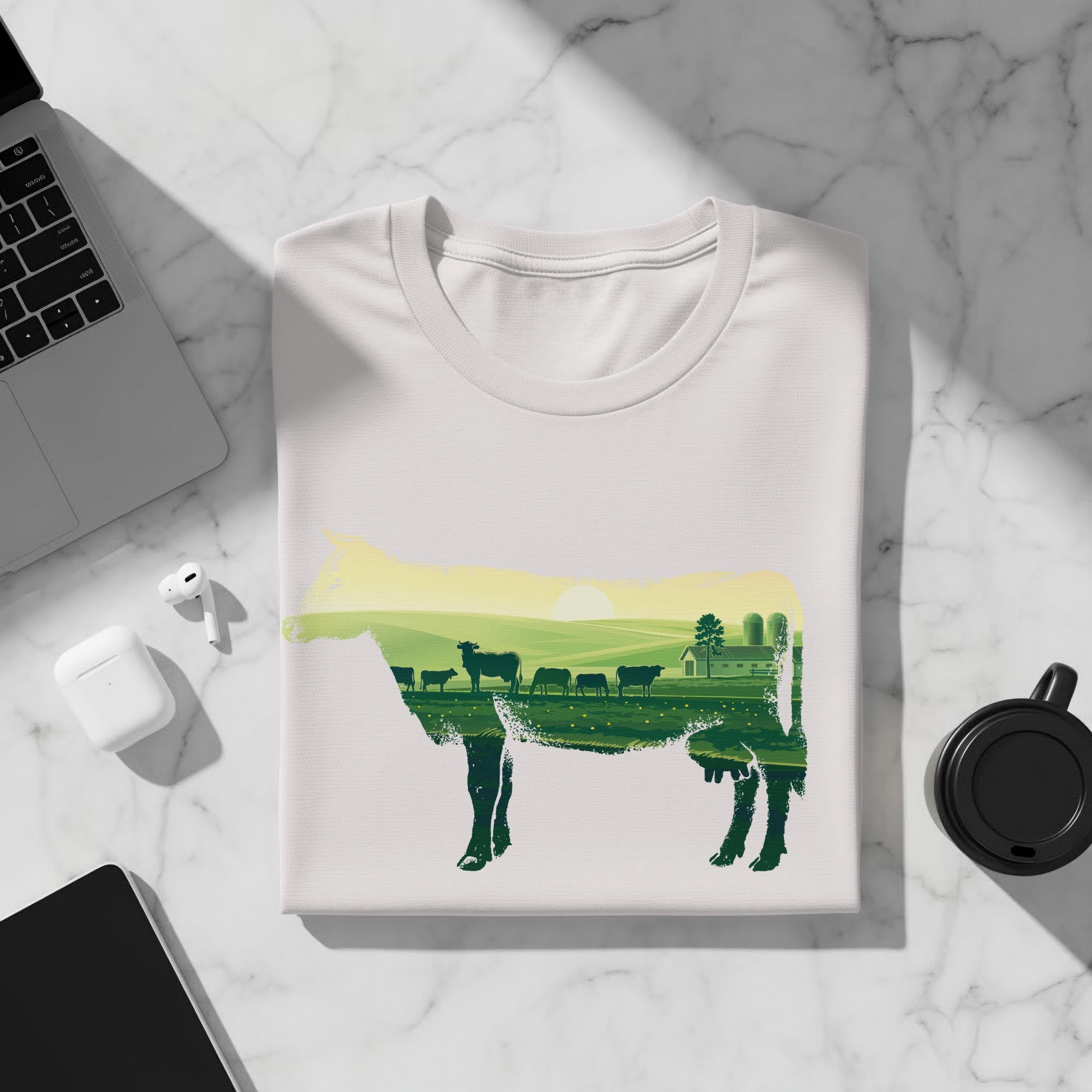 T-shirt with a cow silhouette filled with a pastoral farm landscape scene.