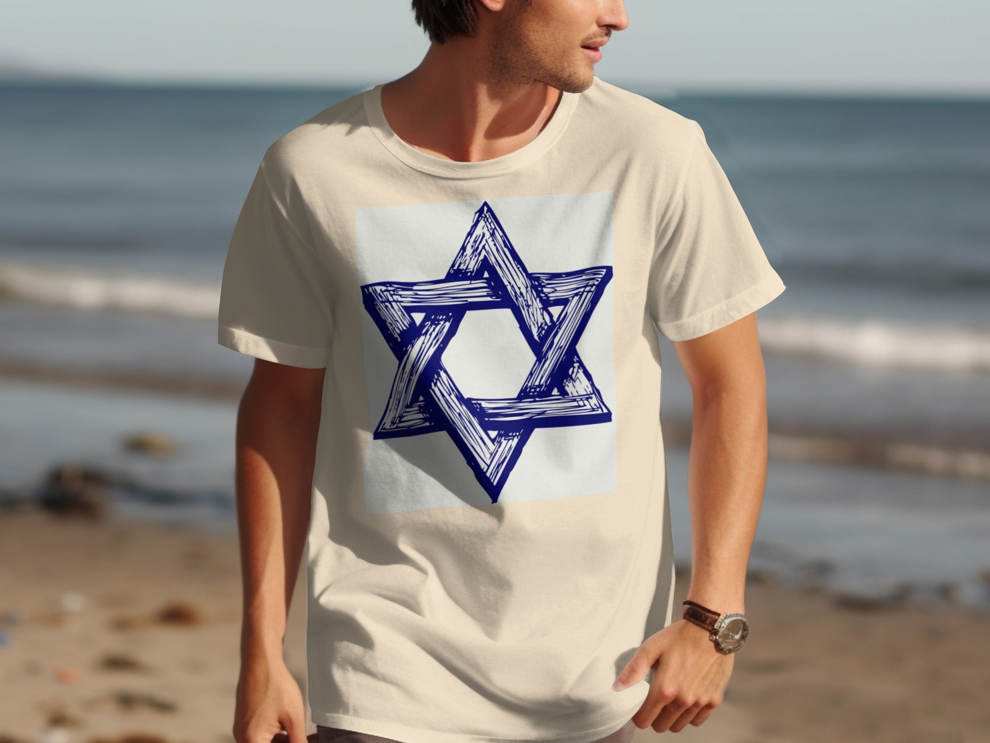 Cream t-shirt with a sketched blue Star of David design on the front.