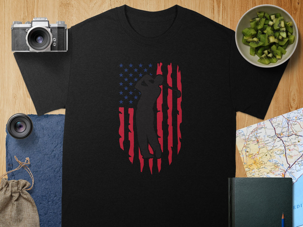 Black t-shirt with distressed American flag and golfer graphic.