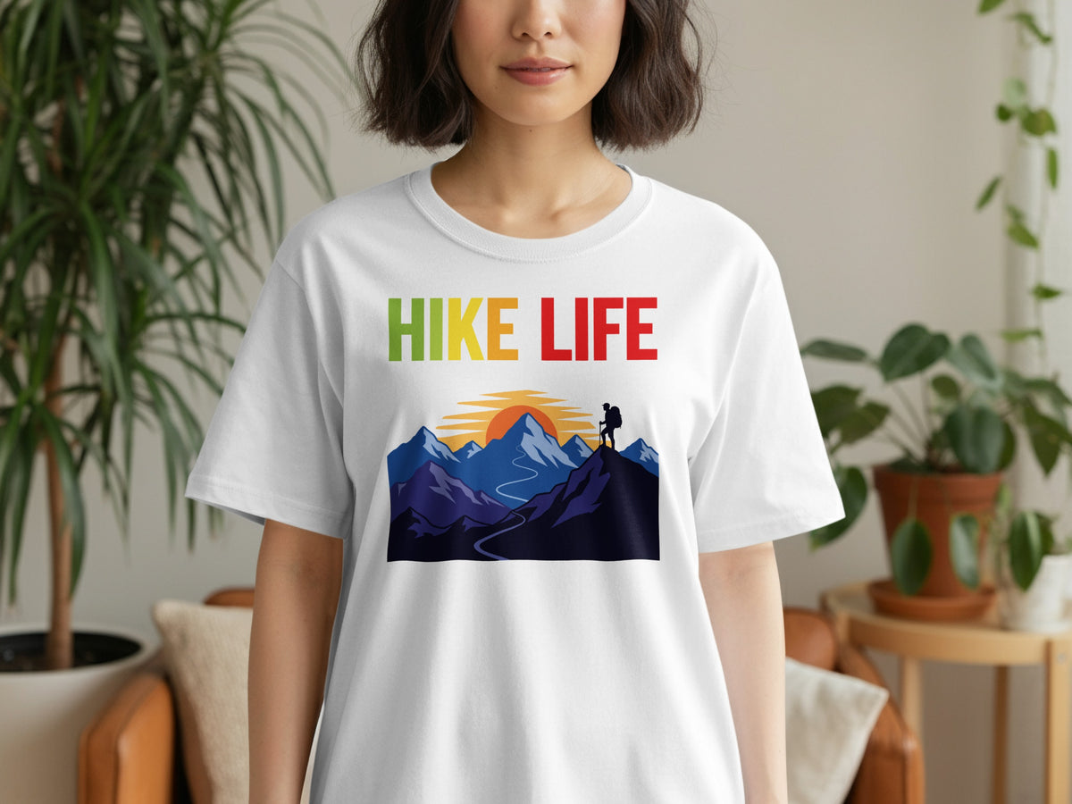 White t-shirt with "HIKE LIFE" and a mountain hiker graphic.