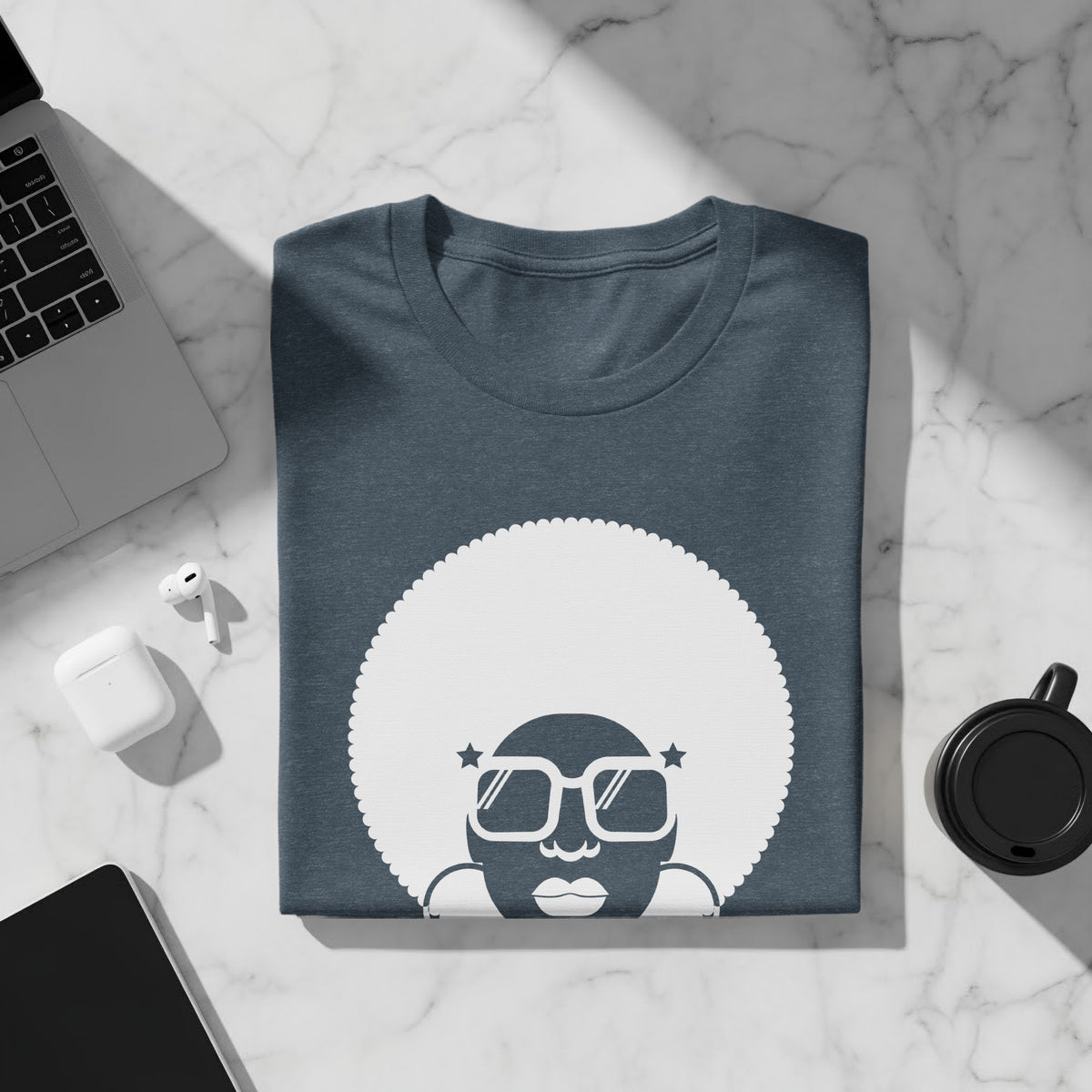 T-shirt with white graphic of person with afro and sunglasses