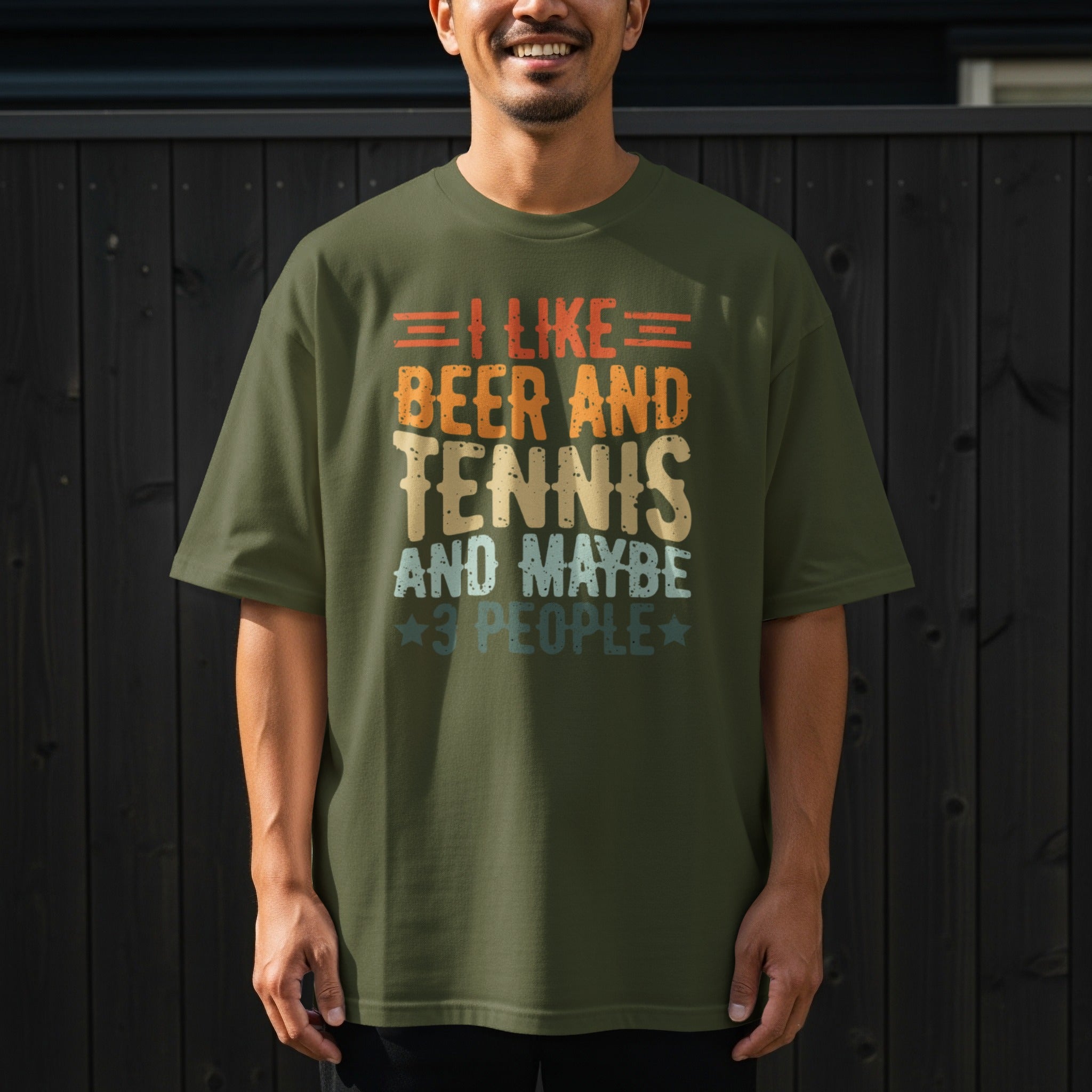 Green t-shirt with text "I like beer and tennis and maybe 3 people".