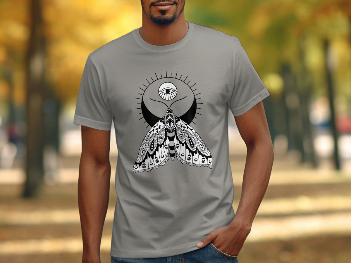 Gray t-shirt with black moth, crescent moon, and eye design.